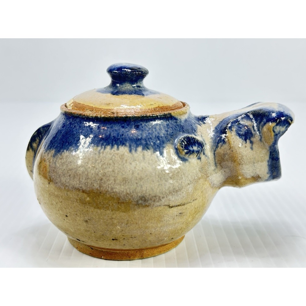 Studio Art Pottery Teapot Blue and Beige Salt Glazed Handmade Hippopotamus